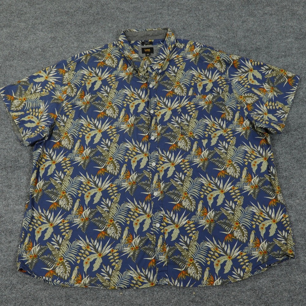Lee Shirt Mens 4XL Blue Tropical Bird Paradise Short Sleeve Button Down Stretch